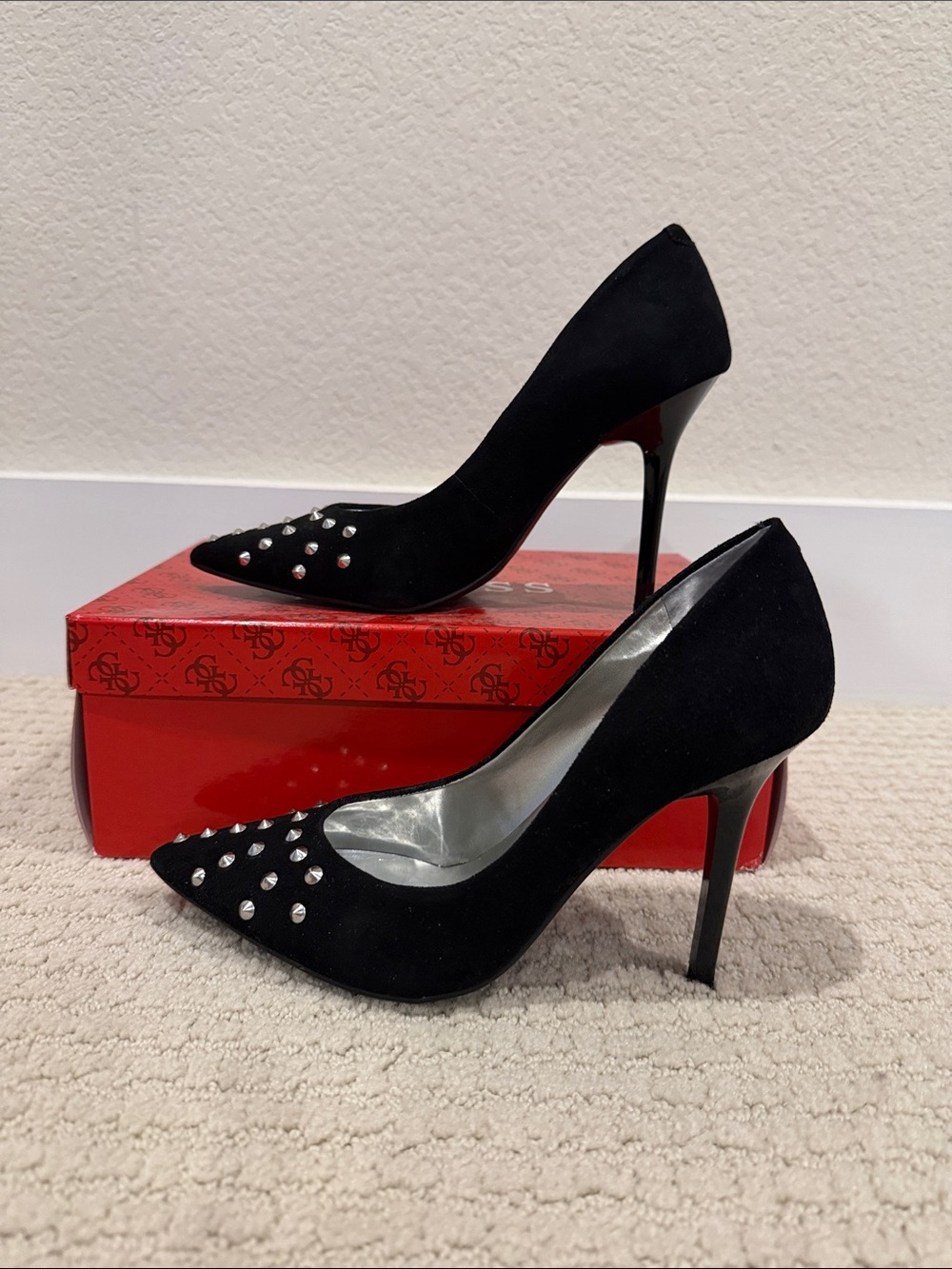 Guess Black Suede Pointed-Toe Stiletto Heels with Silver Studs